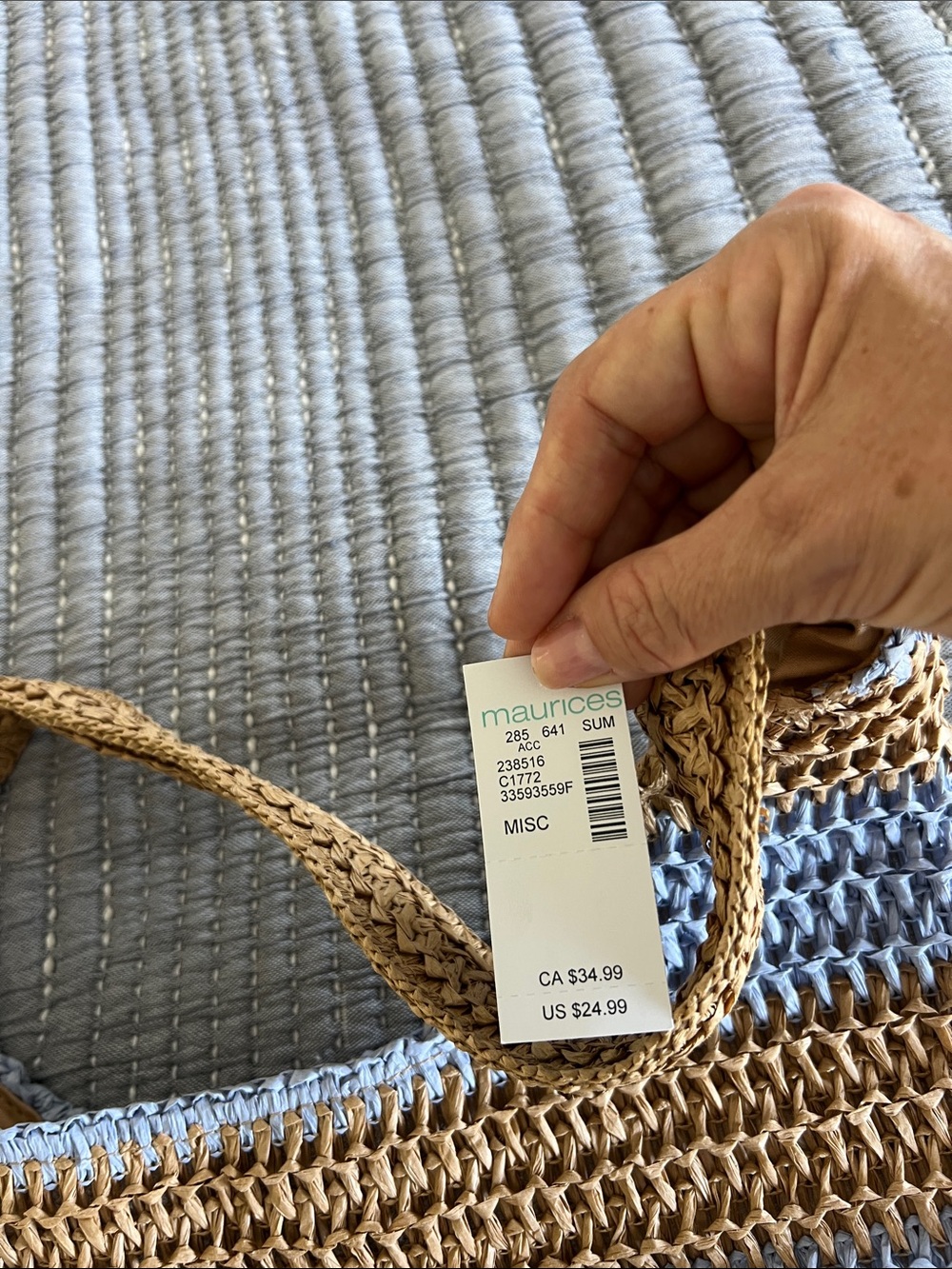 Woven Stripe Raffia Shoulder Bag in Natural and Light Blue - Picture 10 of 10